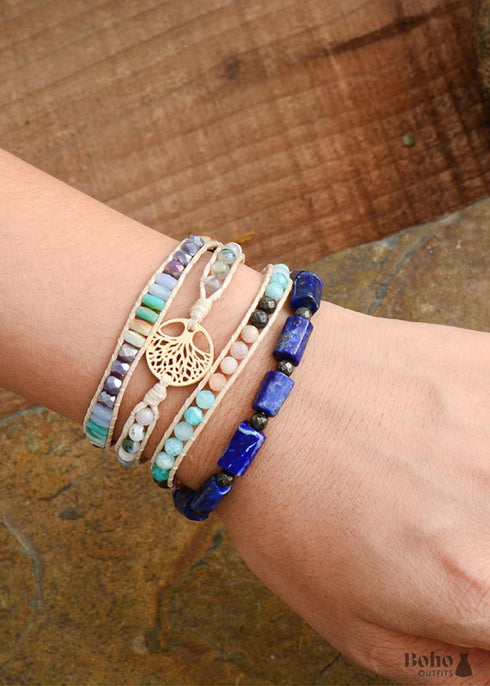 Pulsera Boho, Pulsera Elástica, Lapislázuli Azul y Amatista Morada