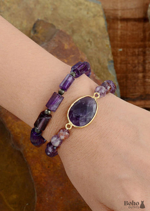 Pulsera Boho, Pulsera Elástica, Lapislázuli Azul y Amatista Morada