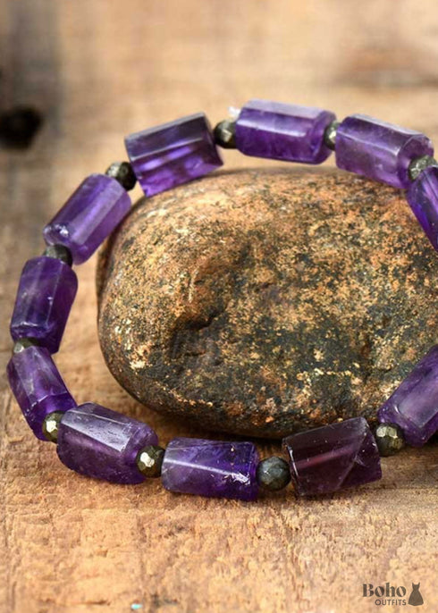 Pulsera Boho, Pulsera Elástica, Lapislázuli Azul y Amatista Morada