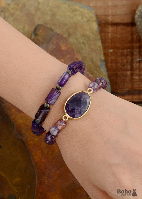 Pulsera Boho, Pulsera Elástica, Lapislázuli Azul y Amatista Morada