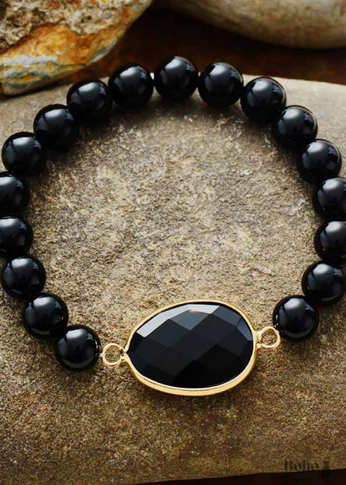 Pulsera Boho, Pulsera Elástica, Lapislázuli Azul y Ágata Negra