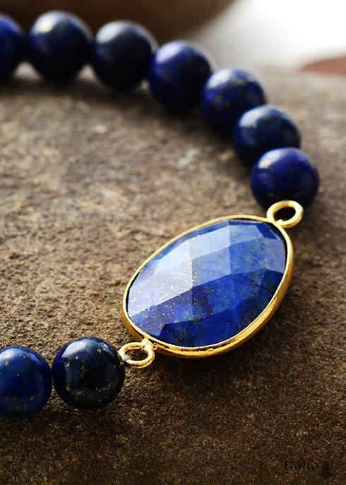 Pulsera Boho, Pulsera Elástica, Lapislázuli Azul y Ágata Negra