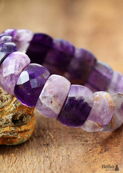Pulsera Boho, Pulsera Elástica, Lapislázuli Azul y Amatistas Moradas