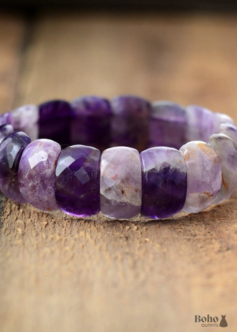 Pulsera Boho, Pulsera Elástica, Lapislázuli Azul y Amatistas Moradas