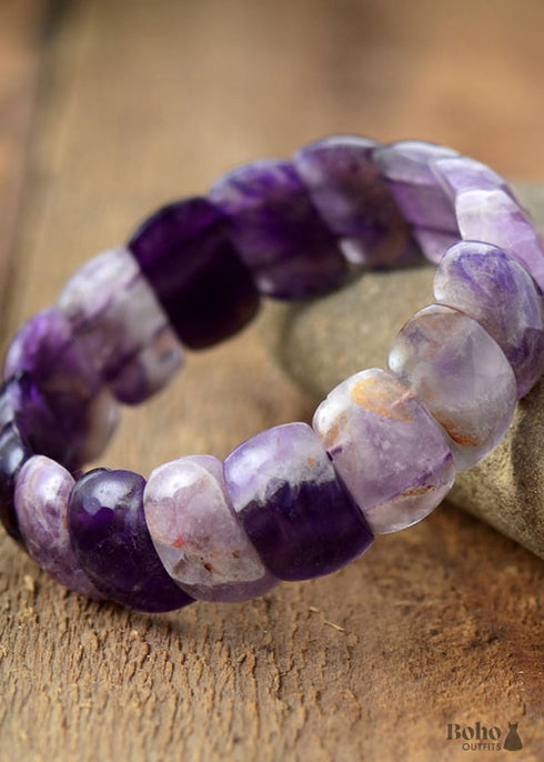 Pulsera Boho, Pulsera Elástica, Lapislázuli Azul y Amatistas Moradas