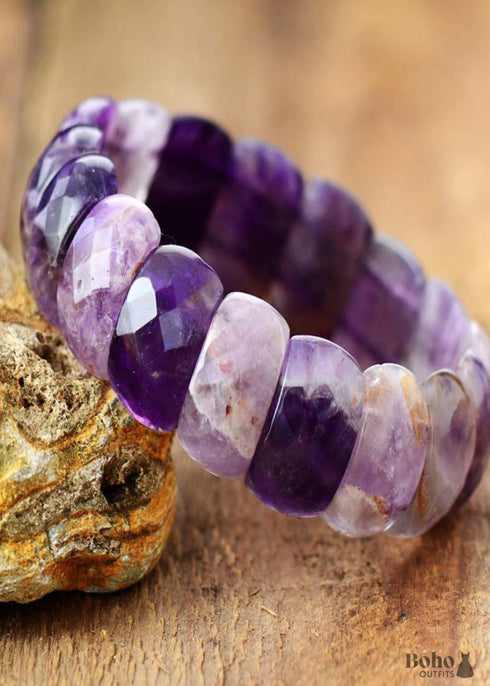 Pulsera Boho, Pulsera Elástica, Lapislázuli Azul y Amatistas Moradas