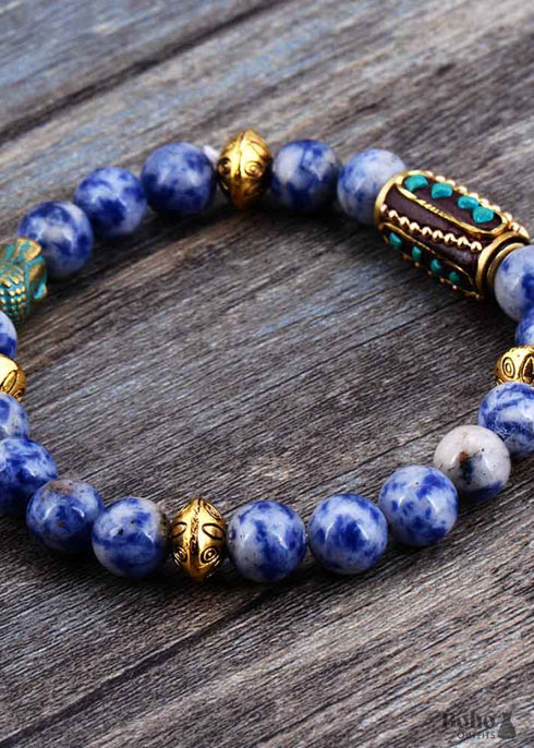 Pulsera Boho, Pulsera Elástica, Sodalita Azul Nepal