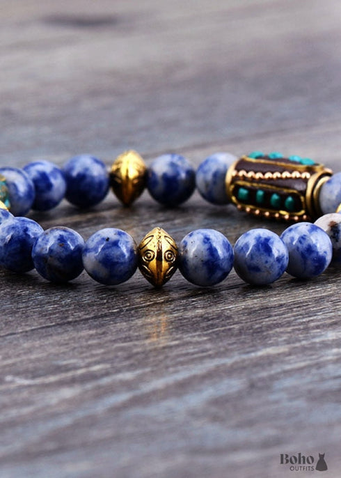 Pulsera Boho, Pulsera Elástica, Sodalita Azul Nepal