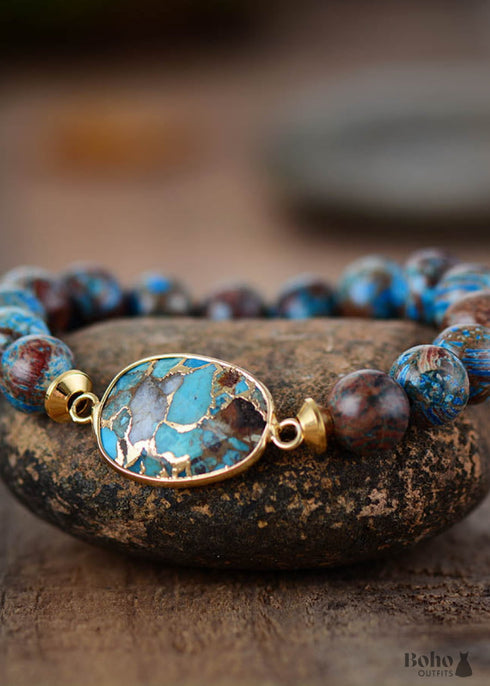 Boho Bracelet, Stretchy Bracelet, Brown Blue 10mm Bronzite Stone Tibetan