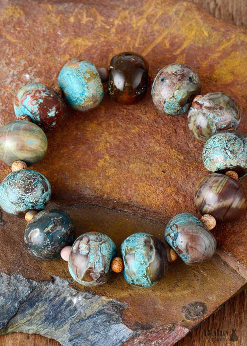 Boho Bracelet, Stretchy Bracelet, Brown Blue Tibetan Ball