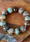 Boho Bracelet, Stretchy Bracelet, Brown Blue Tibetan Ball