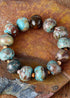 Boho Bracelet, Stretchy Bracelet, Brown Blue Tibetan Ball