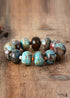Boho Bracelet, Stretchy Bracelet, Brown Blue Tibetan Ball