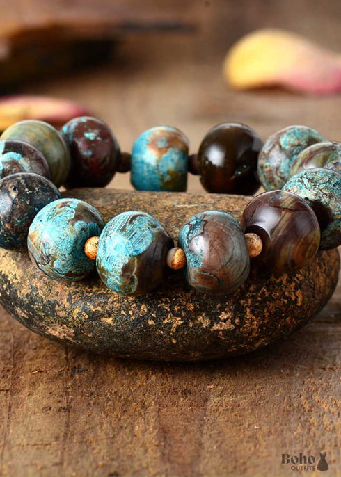 Boho Bracelet, Stretchy Bracelet, Brown Blue Tibetan Ball