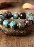 Boho Bracelet, Stretchy Bracelet, Brown Blue Tibetan Ball