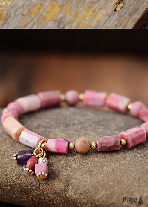 Boho Bracelet, Stretchy Bracelet, Pink and Blue Rhodonite
