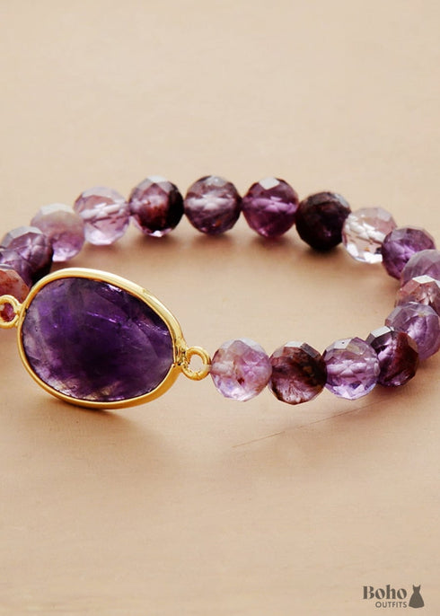 Boho Bracelet, Stretchy Bracelet, Purple Phantom and Amethyst
