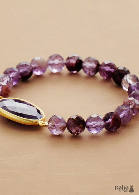 Boho Bracelet, Stretchy Bracelet, Purple Phantom and Amethyst