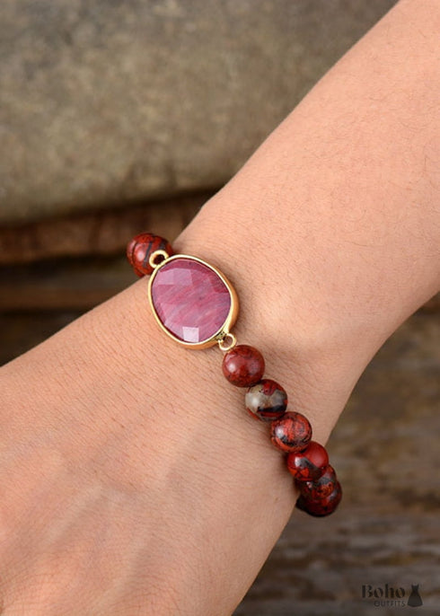 Boho Bracelet, Stretchy Bracelet, Red Rhodonite and Jasper