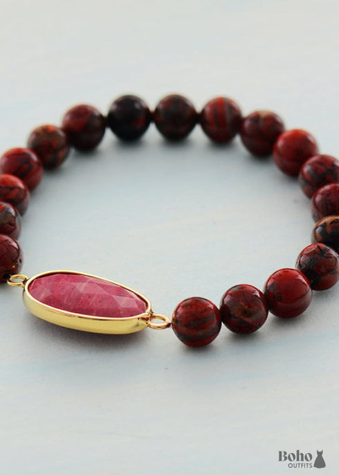 Boho Bracelet, Stretchy Bracelet, Red Rhodonite and Jasper