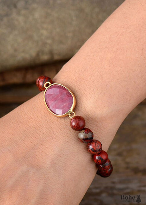 Boho Bracelet, Stretchy Bracelet, Red Rhodonite and Jasper