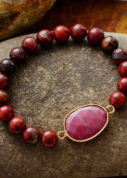 Boho Bracelet, Stretchy Bracelet, Red Rhodonite and Jasper