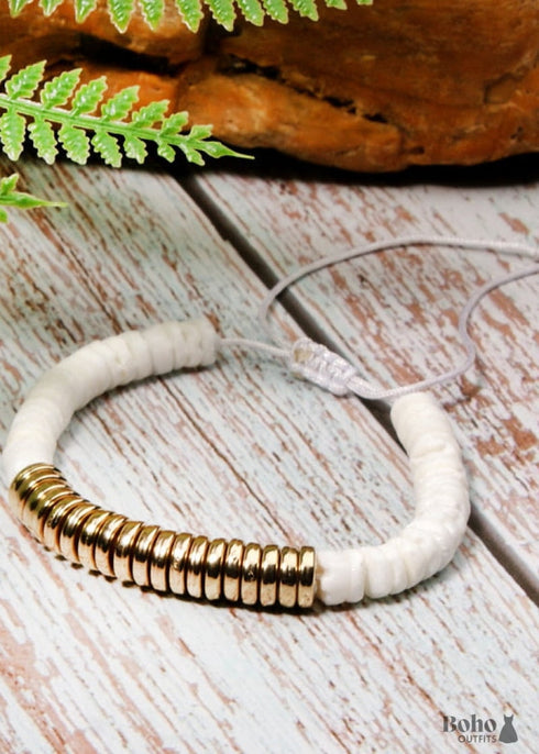 Pulsera Boho, Concha de Colores Blanca, Azul y Dorada