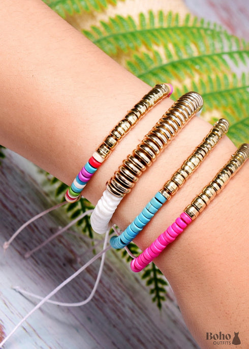 Pulsera Boho, Concha de Colores Blanca, Azul y Dorada