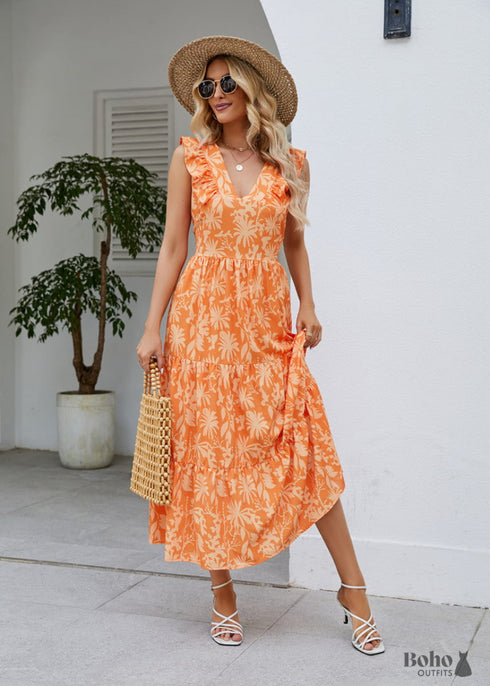 Boho Casual V-neck Floral Sleeveless Midi Dress Zoe