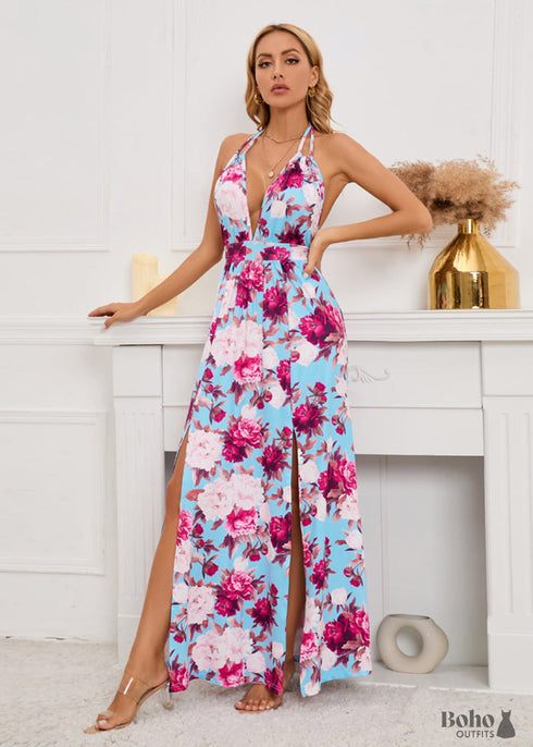 Boho Deep V-neck Blue Maxi Dress Eloise