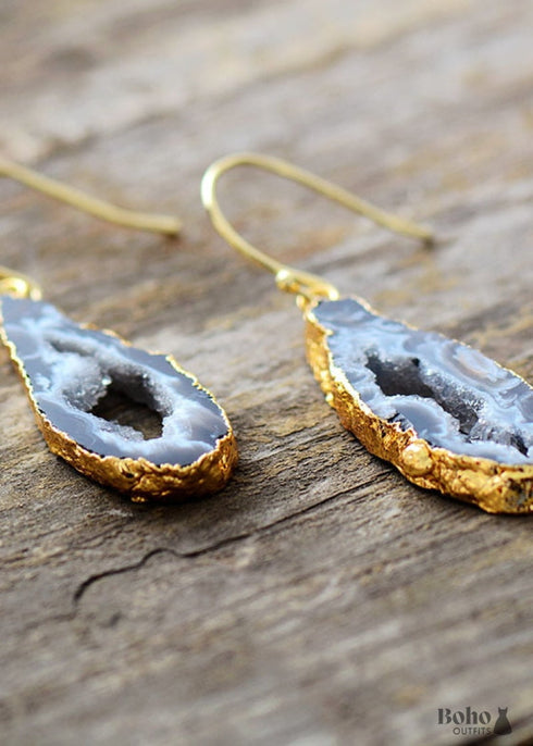 Boho Earrings, Dangle Earrings, Black Druzy