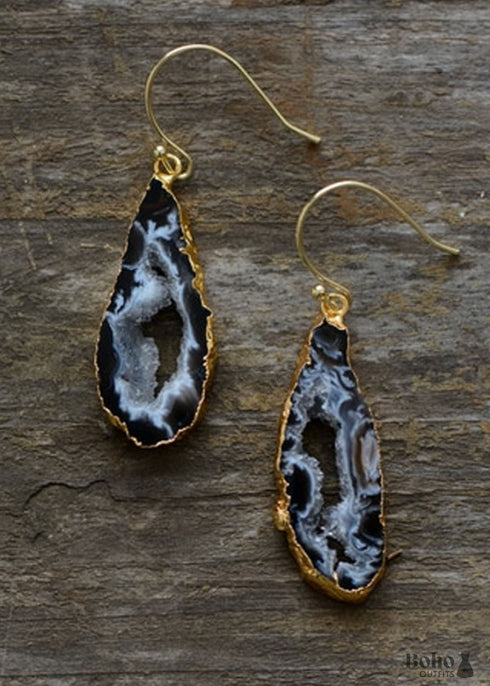 Boho Earrings, Dangle Earrings, Black Druzy