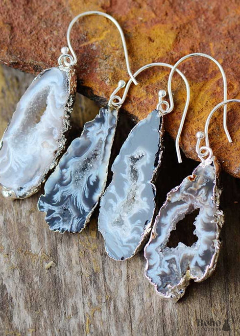 Boho Earrings, Dangle Earrings, Black Druzy