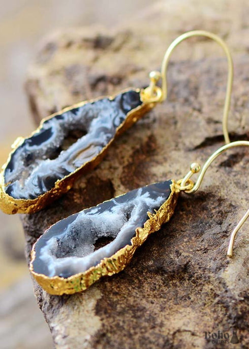 Boho Earrings, Dangle Earrings, Black Druzy