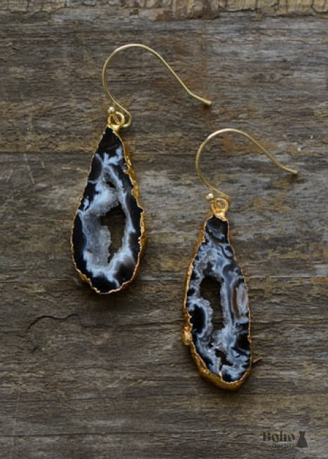 Boho Earrings, Dangle Earrings, Black Druzy