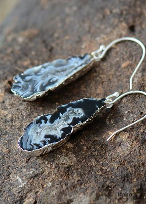 Boho Earrings, Dangle Earrings, Black Druzy