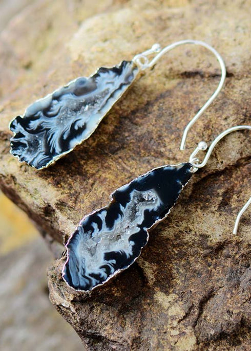 Boho Earrings, Dangle Earrings, Black Druzy
