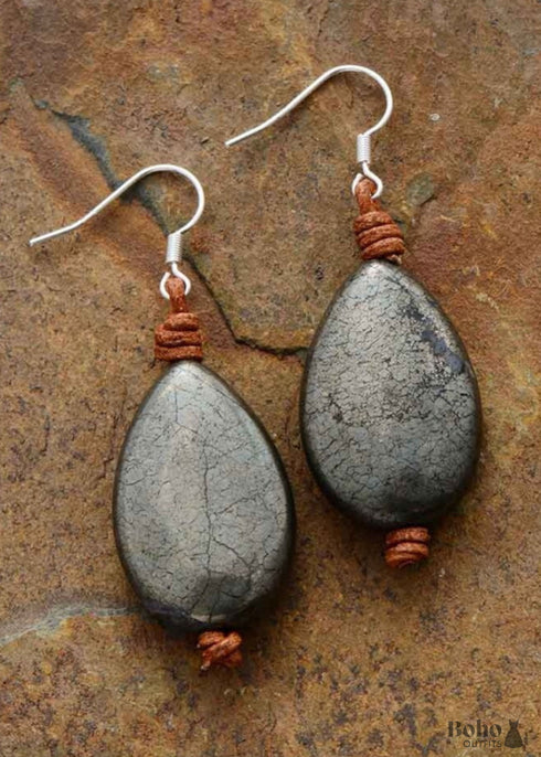 Boho Earrings, Dangle Earrings, Black Pyrite Rope