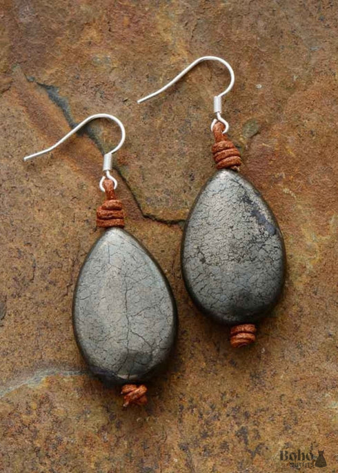 Boho Earrings, Dangle Earrings, Black Pyrite Rope