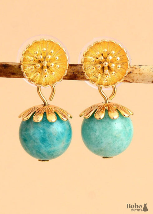 Pendientes bohemios, pendientes colgantes, flor de oro y amazonita azul