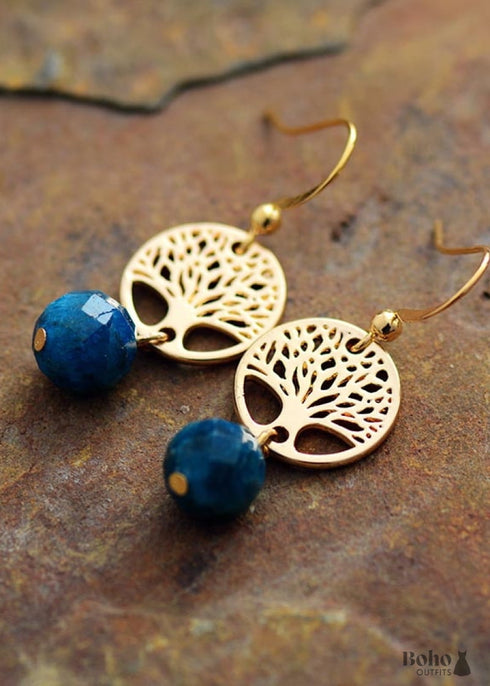 Pendientes bohemios, pendientes colgantes, árbol de la vida dorado con apatita azul