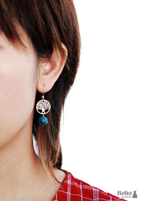 Pendientes bohemios, pendientes colgantes, árbol de la vida dorado con apatita azul