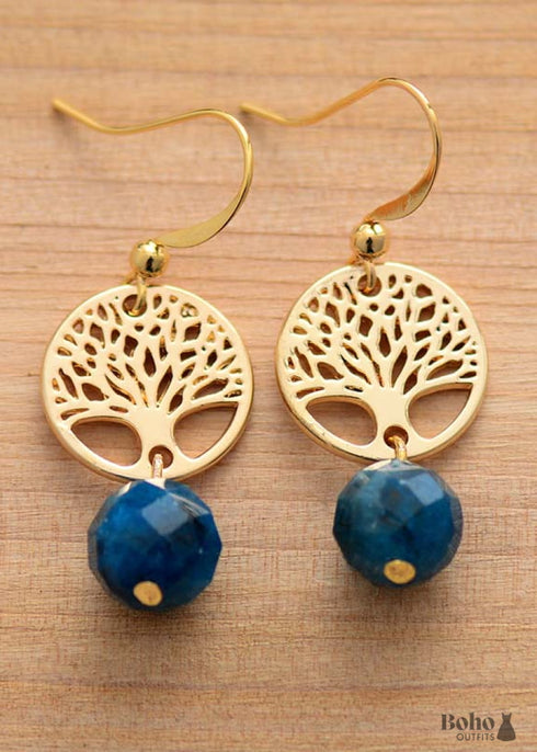 Pendientes bohemios, pendientes colgantes, árbol de la vida dorado con apatita azul