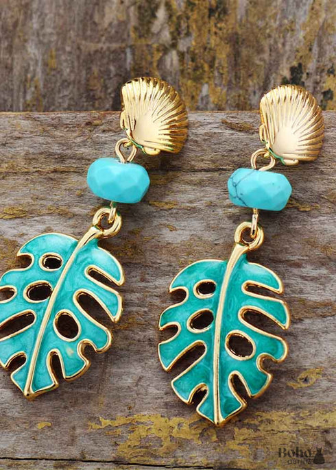 Pendientes bohemios, pendientes colgantes, hoja de turquesa azul