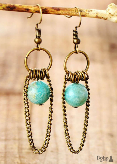 Boho Earrings, Dangle Earrings, Chain Blue Amazonite