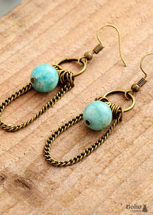 Boho Earrings, Dangle Earrings, Chain Blue Amazonite