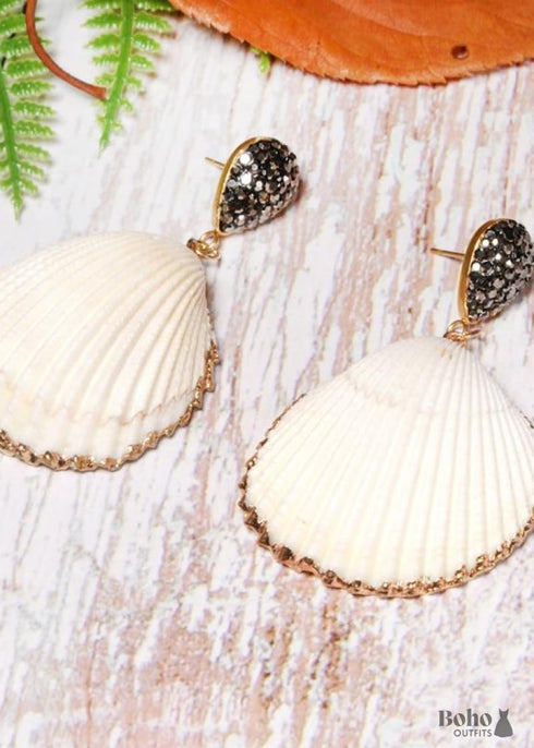 Pendientes bohemios, pendientes colgantes, concha blanca de diamante