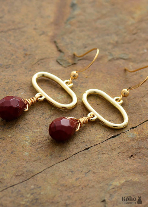 Pendientes bohemios, pendientes colgantes, elipse de jaspes rojos