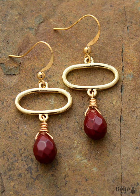 Pendientes bohemios, pendientes colgantes, elipse de jaspes rojos