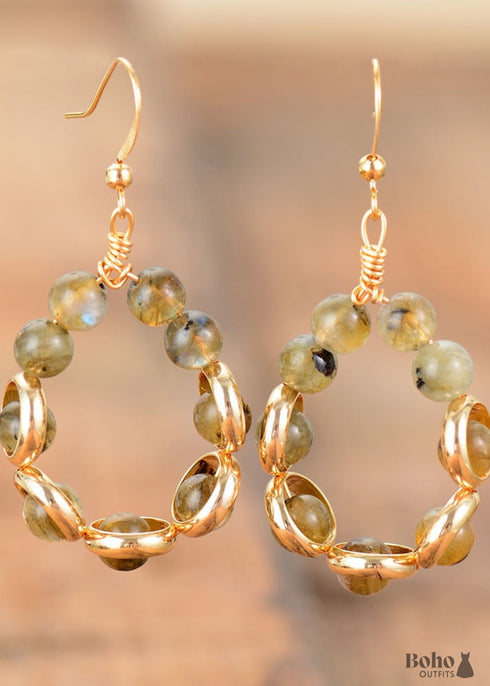 Boho Earrings, Dangle Earrings, Gold Loop Labradorite
